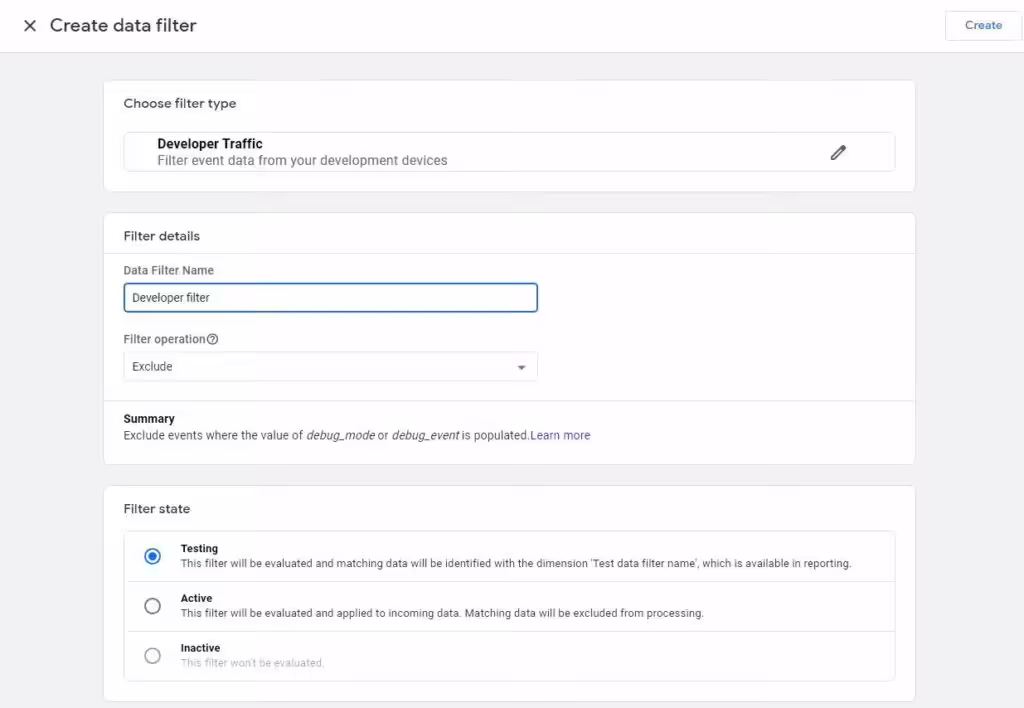 GA4 developer traffic filter